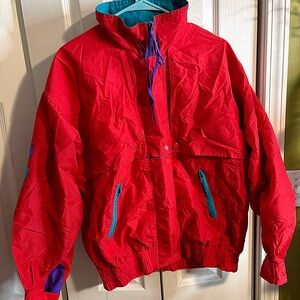 Vtg 90s Cabin Creek Red Purple Teal Jacket Windbreaker Men’s Size M Dual Zipper